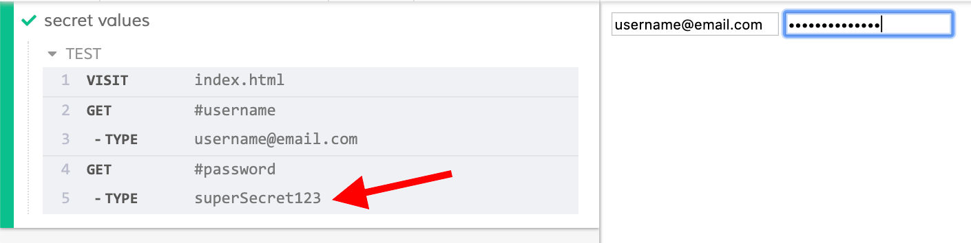 Cypress Command Log showing password within type command