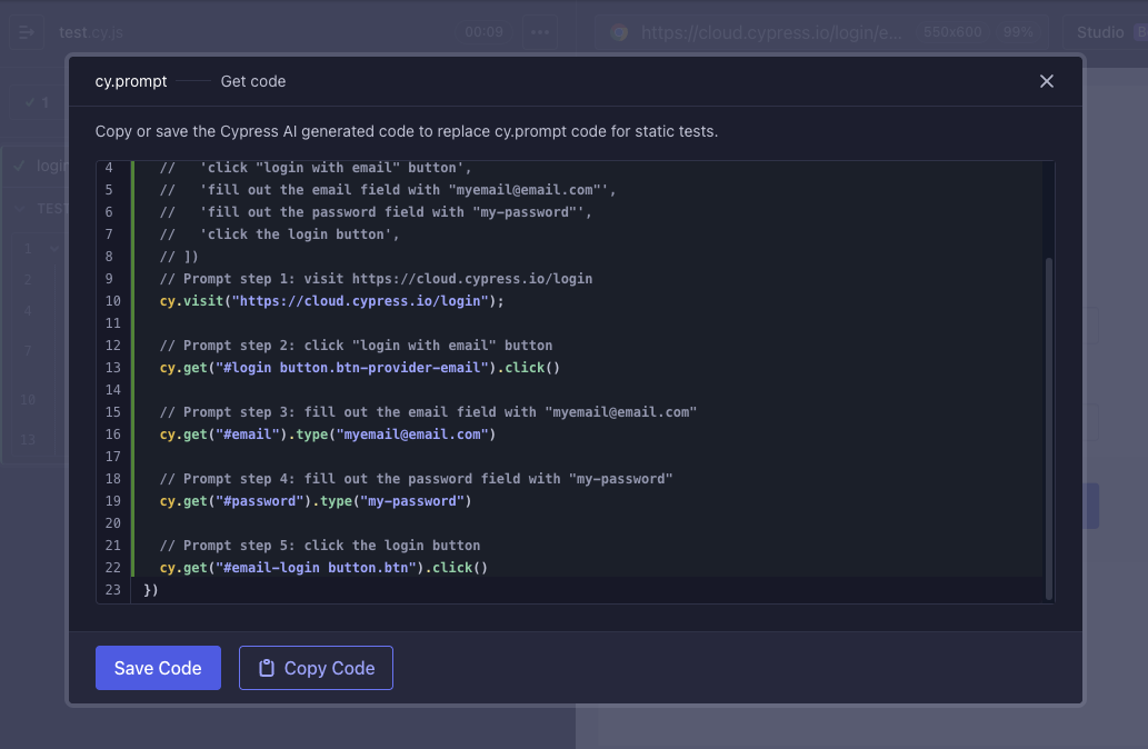 Generated Cypress code dialog