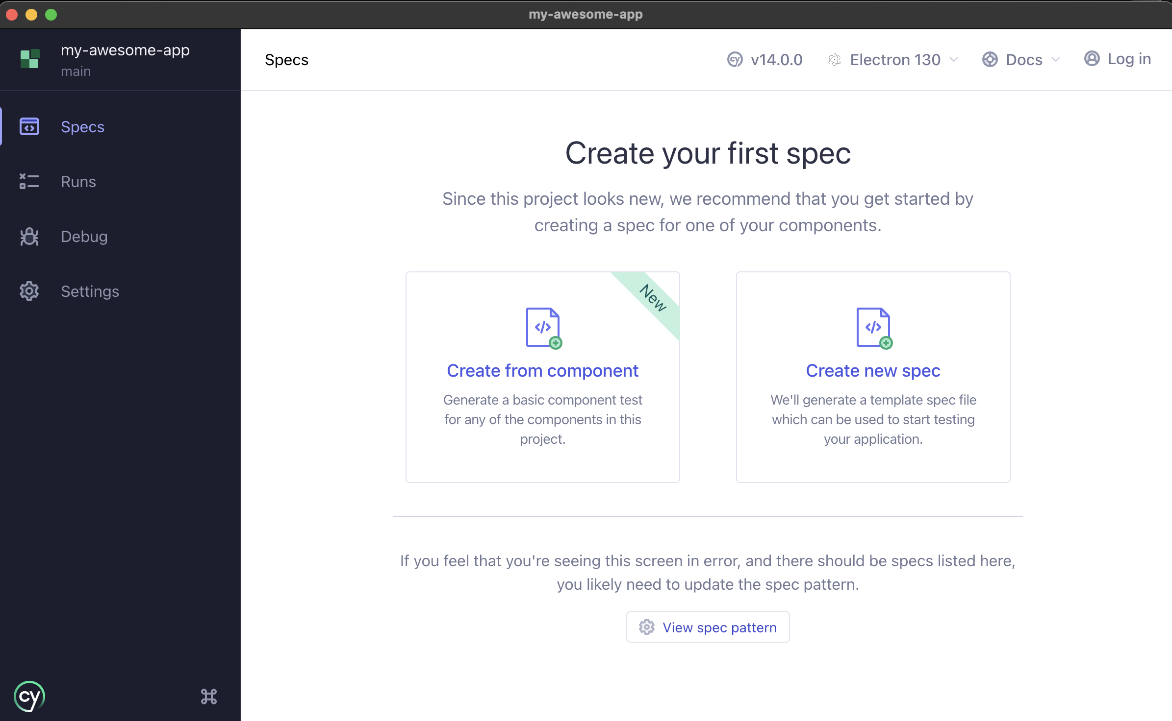 Cypress App UI with Create your first spec page with buttons for Create from component or Create new spec