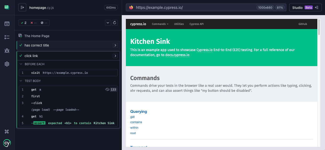 Application under test rendered in the Cypress Test Runner