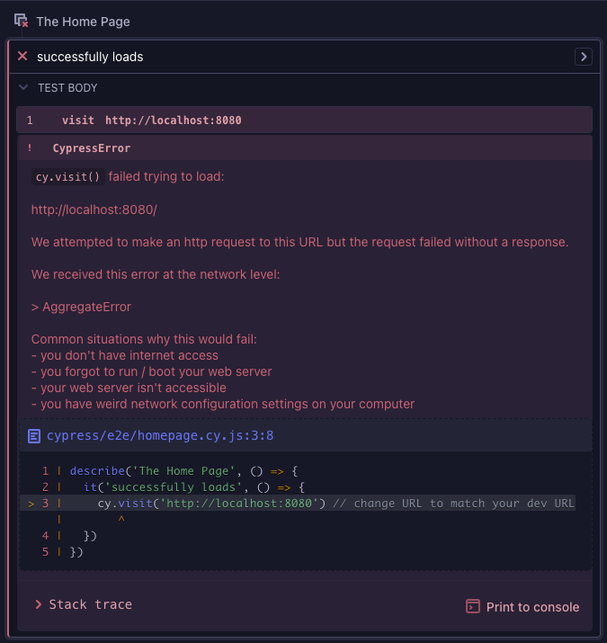 Error in Cypress showing cy.visit failed