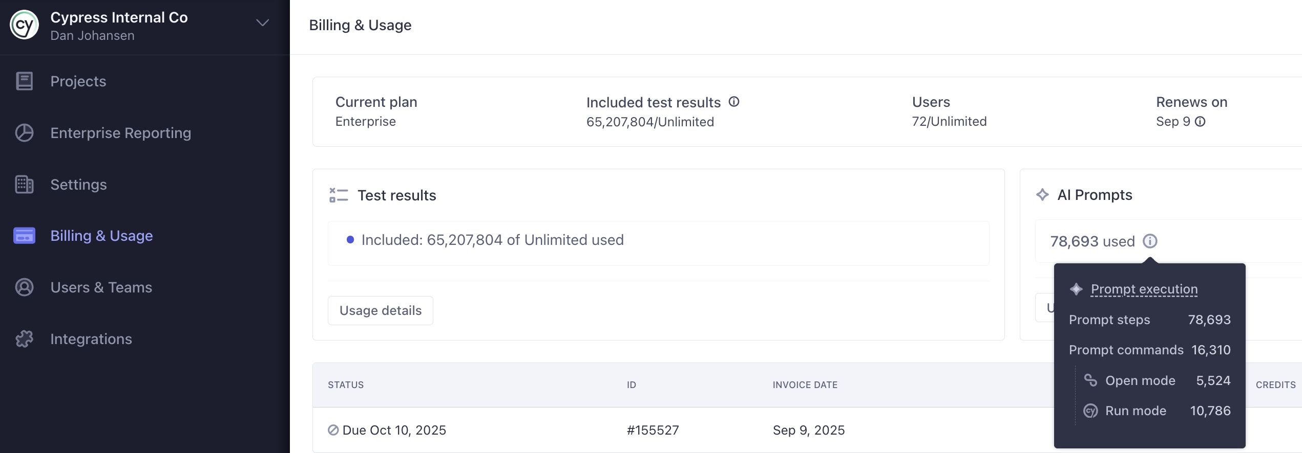 Hover over the info icon to see AI cy.prompt usage