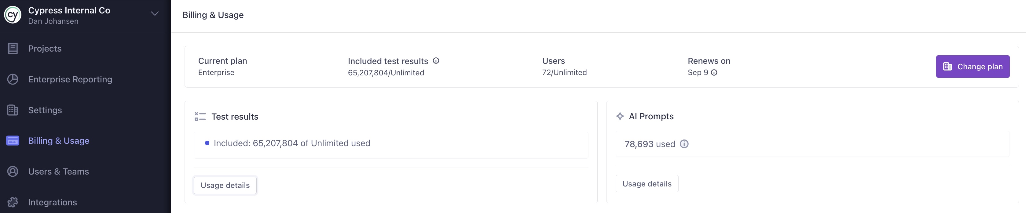 Billing and Usage Results shows visuals of usage in your current billing period