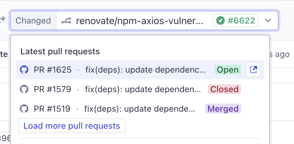 A list of latest pull requests in the Changed run dropdown menu