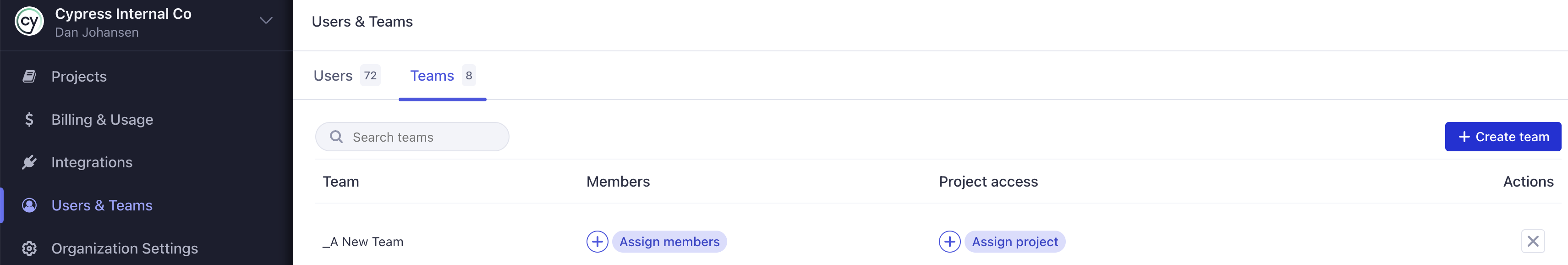 Nagivate to the Users & Teams page and see a button to create a new team.