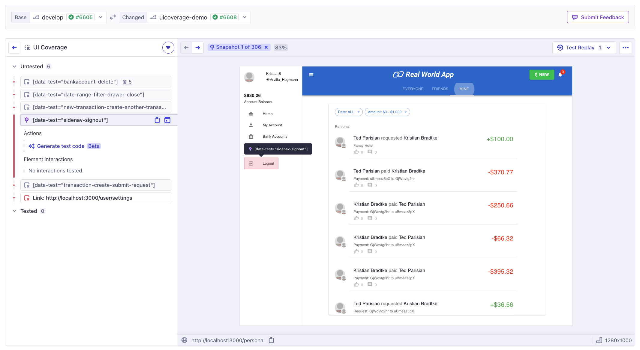 A list of only the new untested elements, displaying a log-out link in red with a tooltip pointing to it.